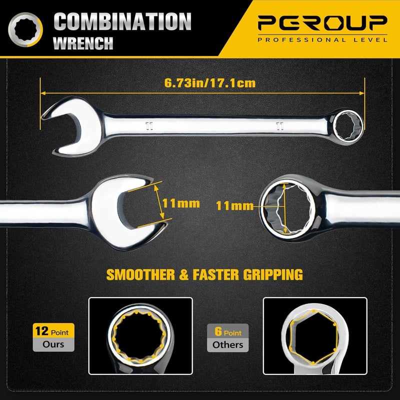 pgroup 11mm Metric Combination Wrench, CR-V Steel with Mirror Polish, 12-Point Design, 15-Degree Offset, Perfect for Auto Repair, Household, Car & Truck Emergency - Image 2